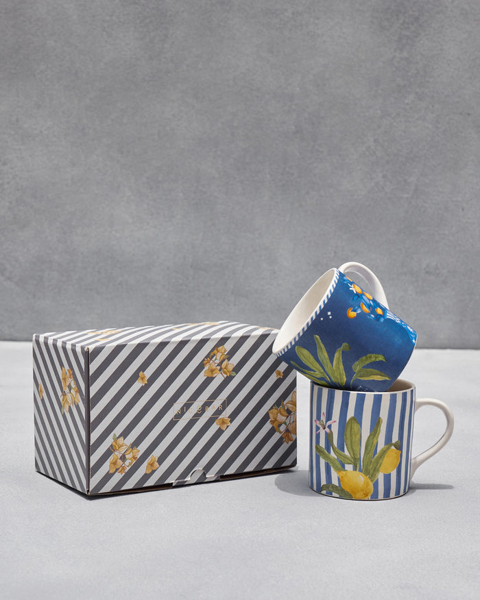 Asfar mug set of two with lemon motifs beside a striped Nicobar gift box.