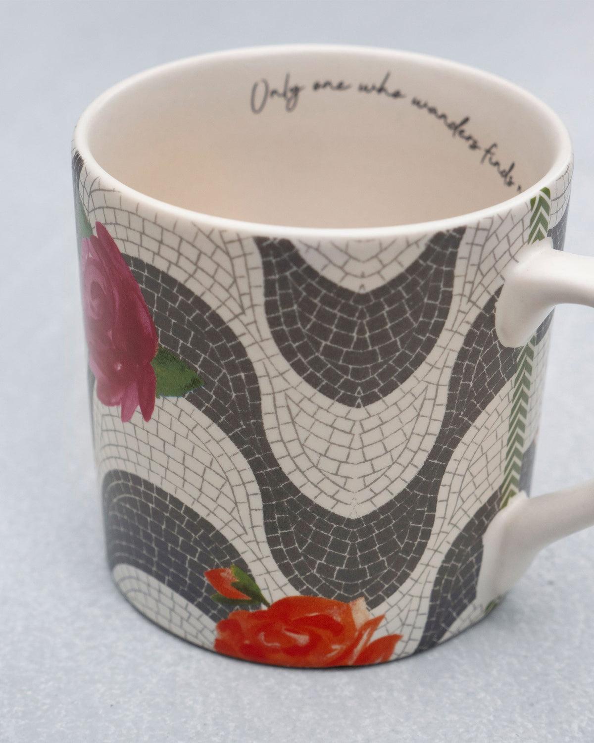 Close-up of pink and orange roses on the Mosaic Bloom straight mug mosaic print.