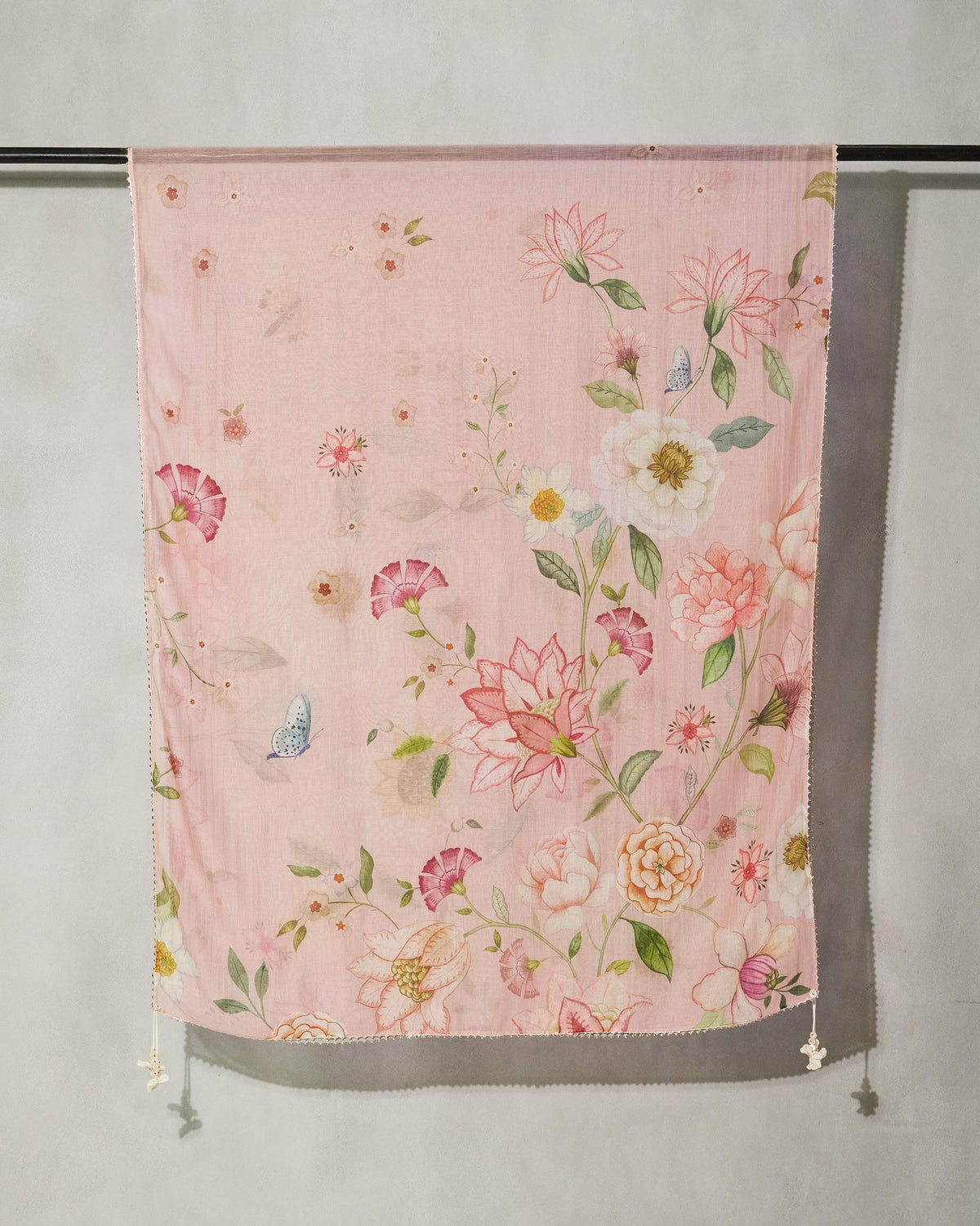Paradise Dupatta hung flat, showing its pink ground with pink and cream flowers and butterflies.