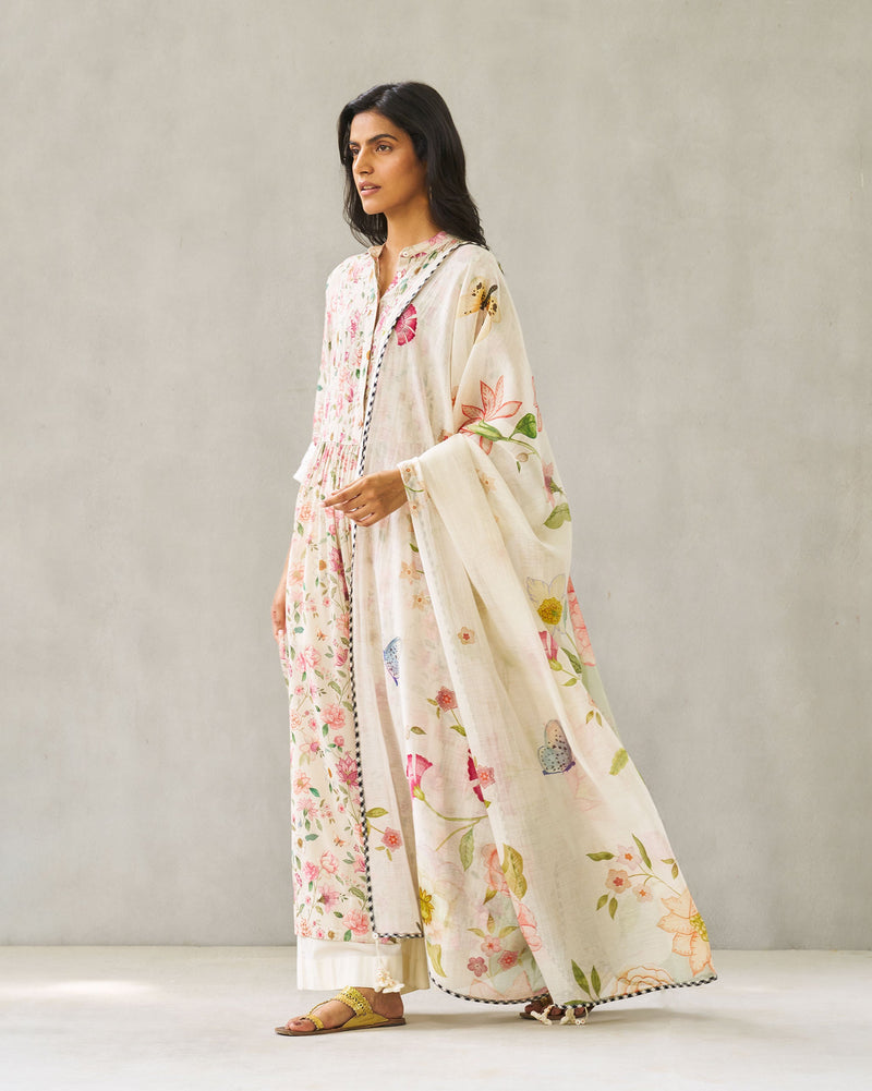 Gul Dupatta - Ivory & Green