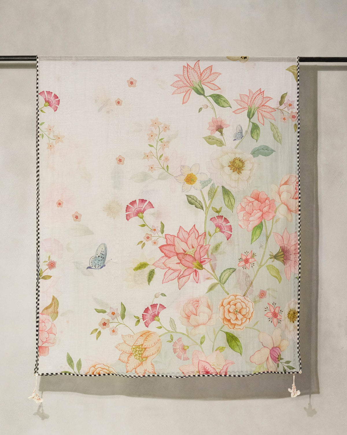Ivory Gul Dupatta hung flat, showing its floral print and checked border.