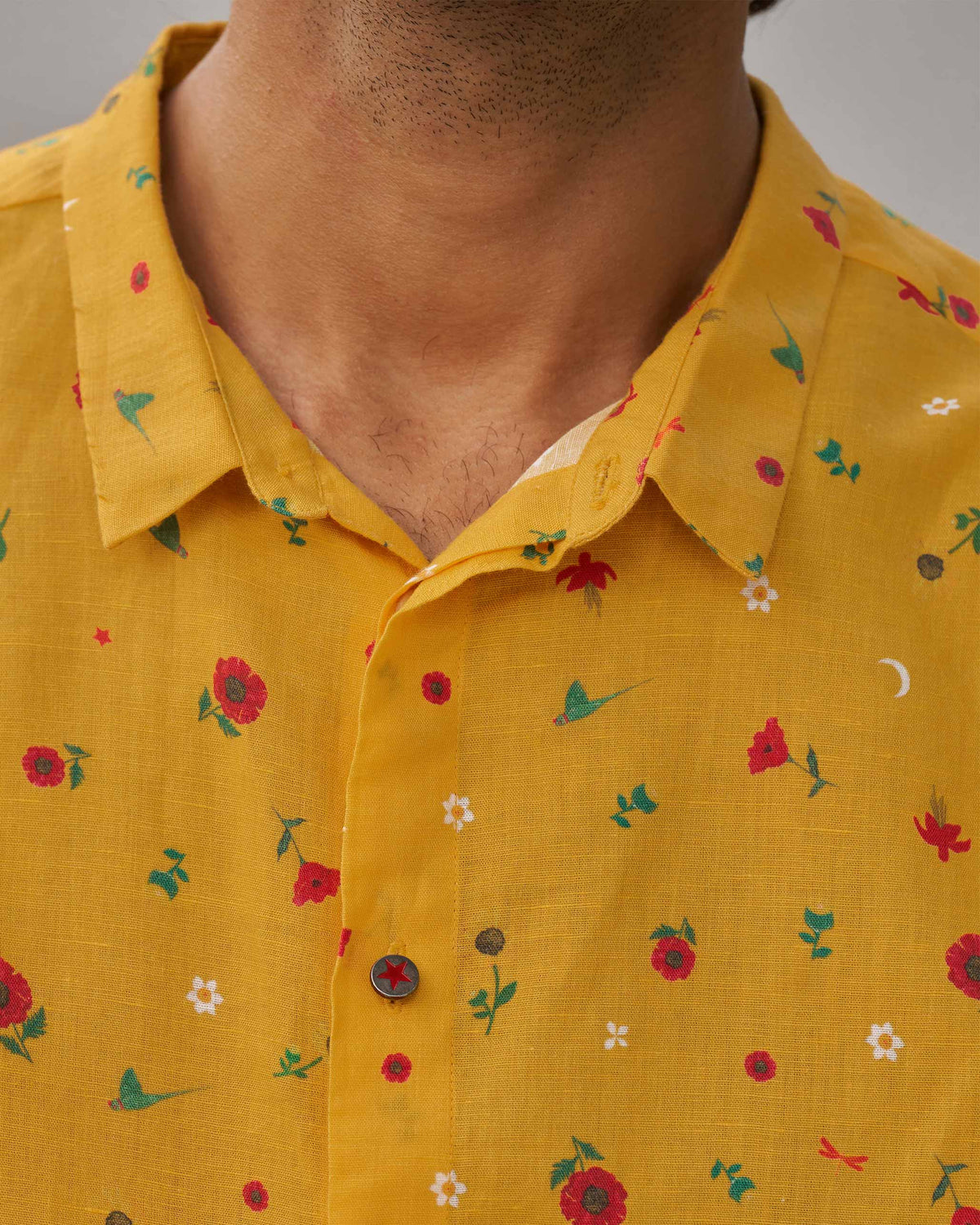 Close-up of the Riverline Shirt's collar, showing a red and white floral print.