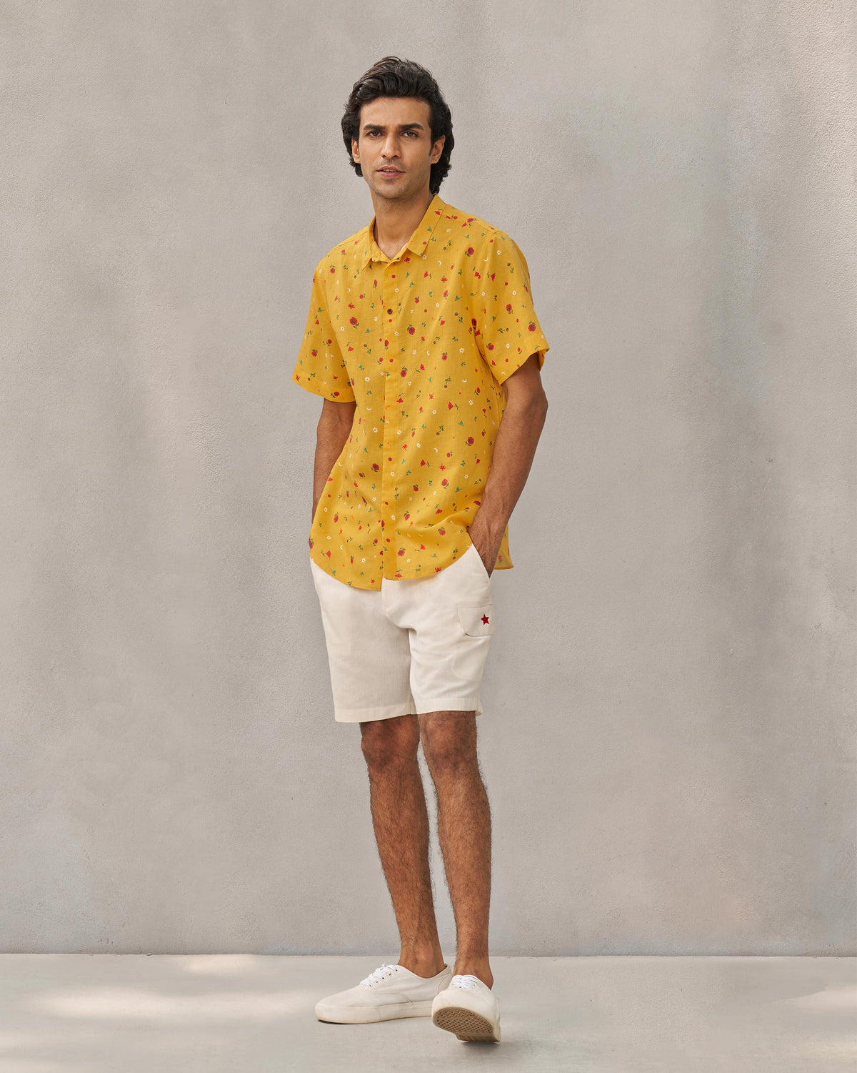 Full-length view of a person wearing the Riverline Shirt in yellow.