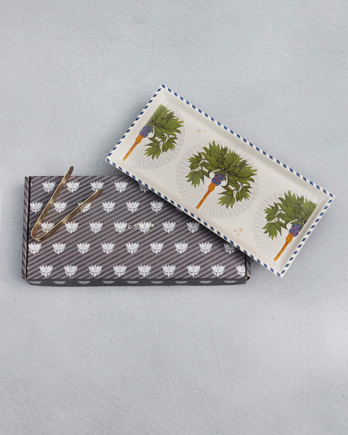 Desert Trail Cookie Tray with Tong resting on its patterned box.