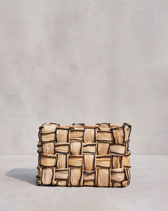 Small Mosaic basket in beige abaca with a dark brown grid weave.