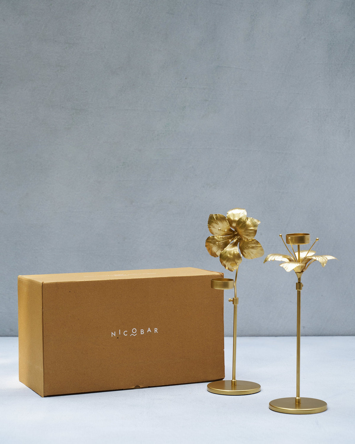 Pair of Amaryllis Bloom Tealight Holders beside a Nicobar box.