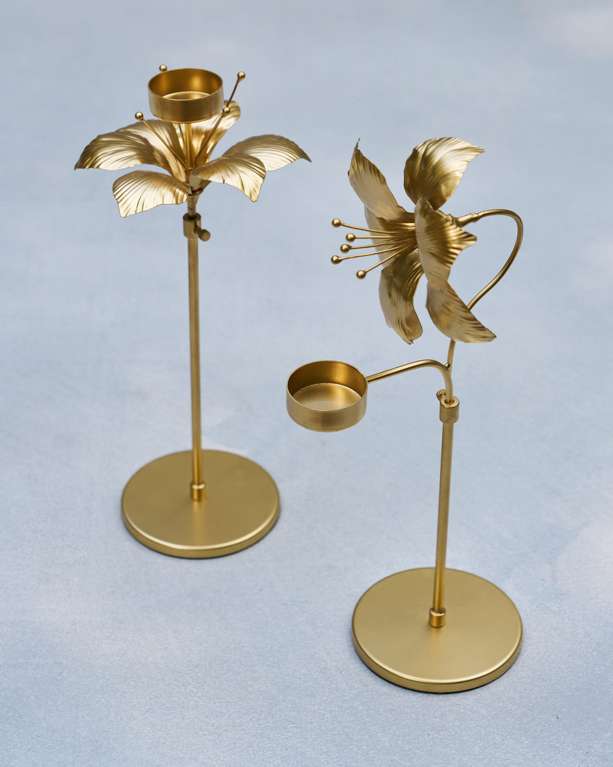 Pair of Amaryllis Bloom Tealight Holders, one with its cup angled to the side.