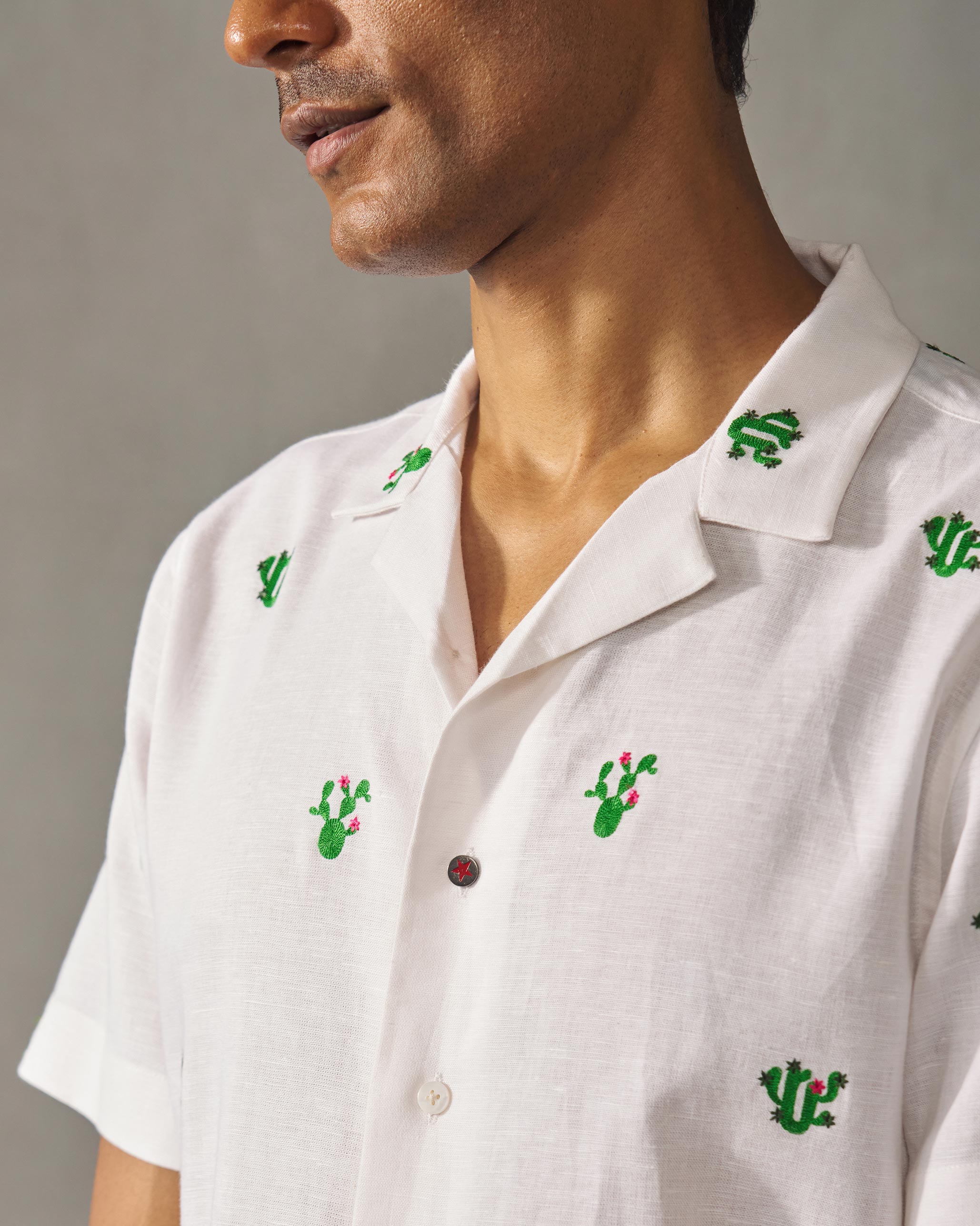 Mistari Shirt - White & Green Embroidered