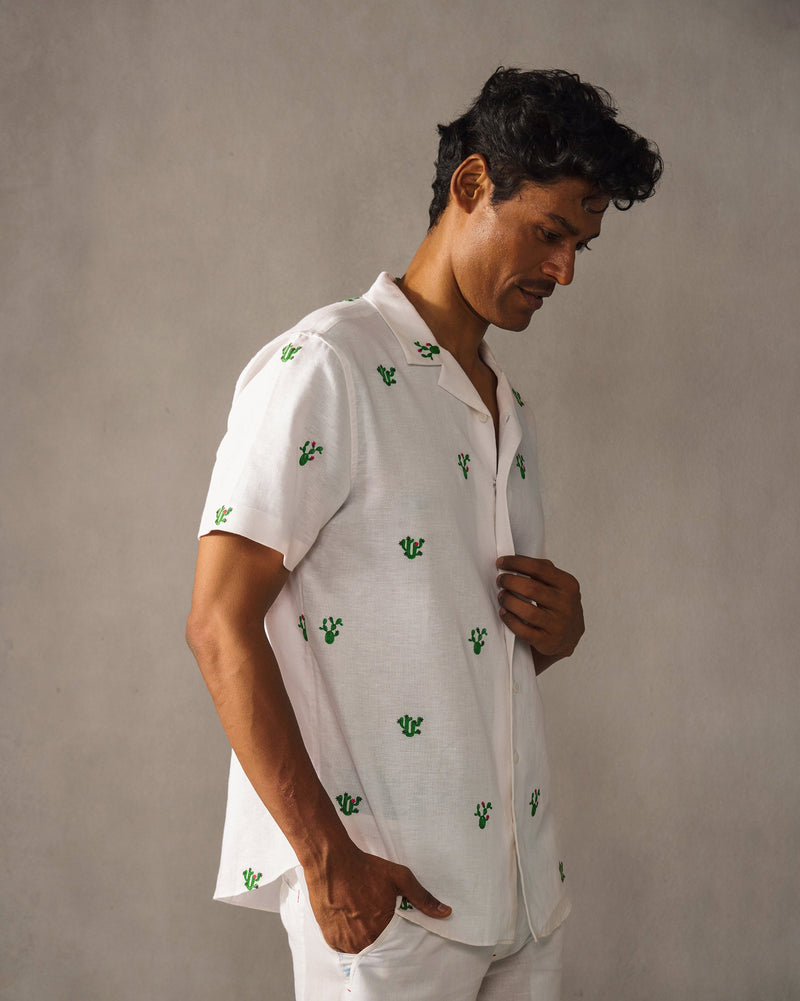 Mistari Shirt - White & Green Embroidered