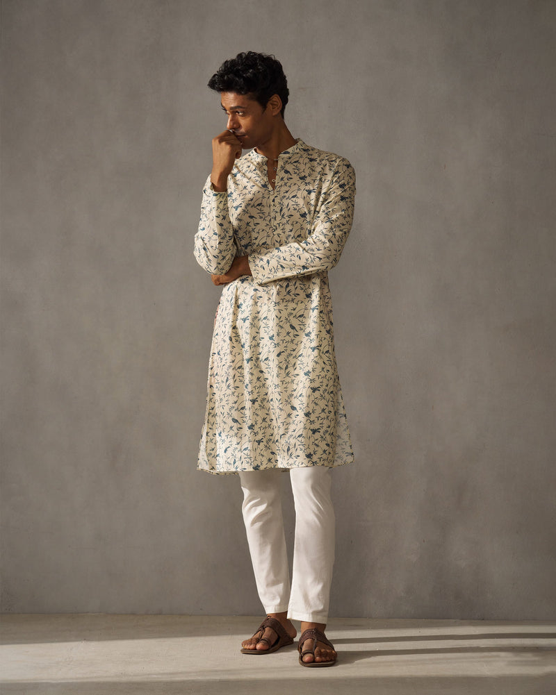 Zenith Kurta - Ivory & Blue Print