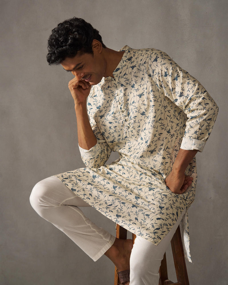 Zenith Kurta - Ivory & Blue Print