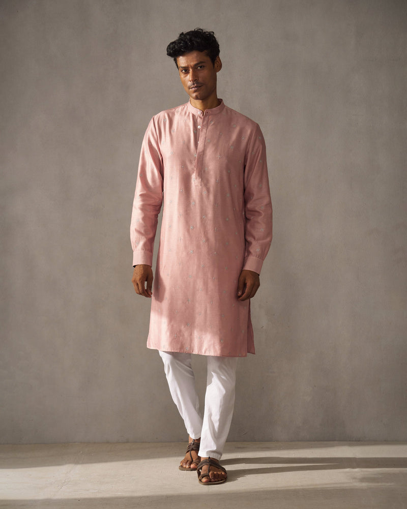 Neckband Kurta - Pink & Silver Embroidered