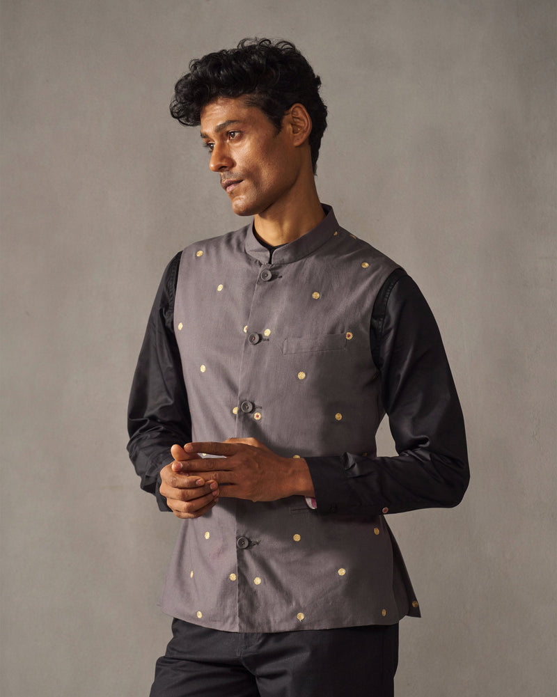 Nehru Jacket - Charcoal & Gold Embroidered