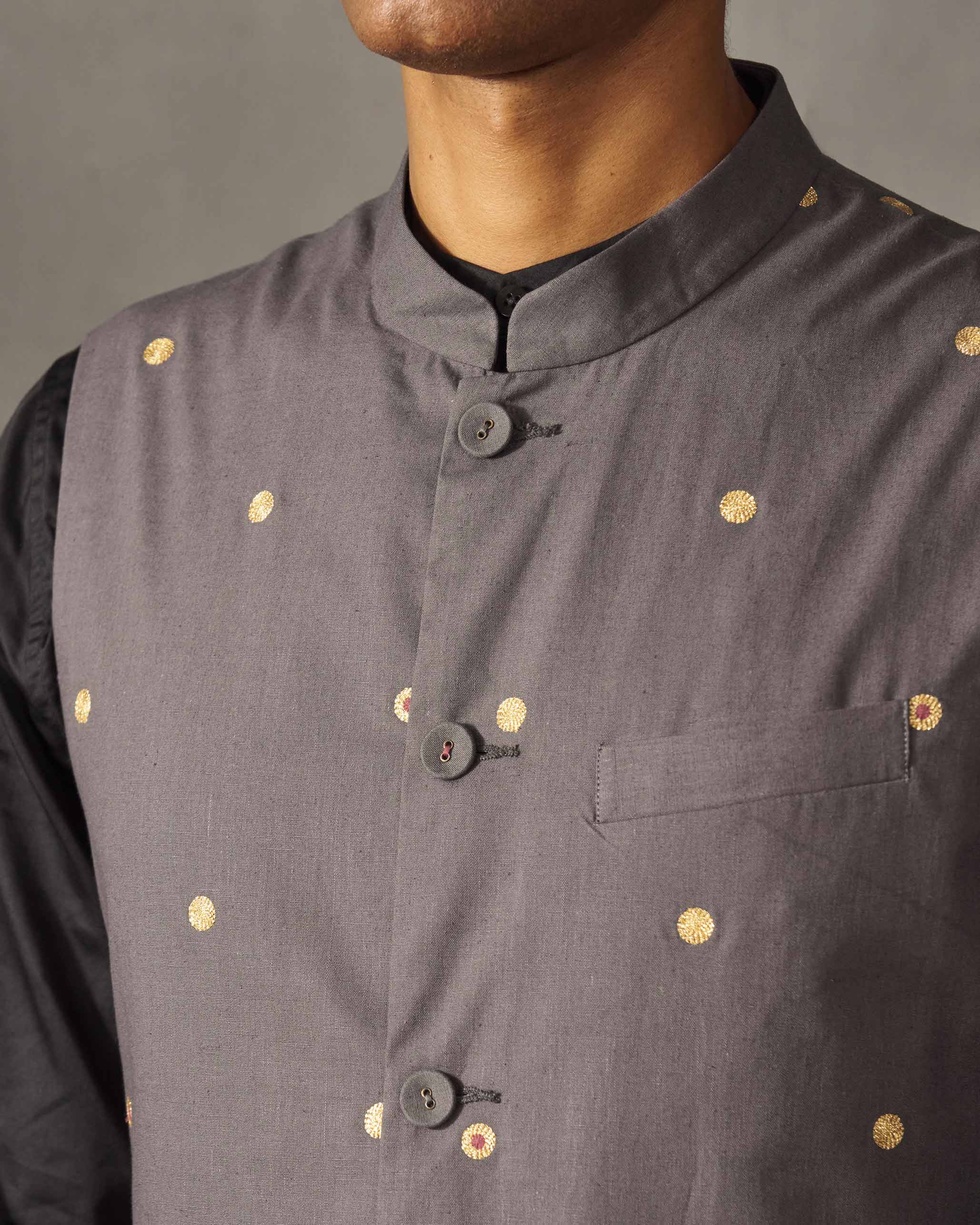 Nehru Jacket - Charcoal & Gold Embroidered