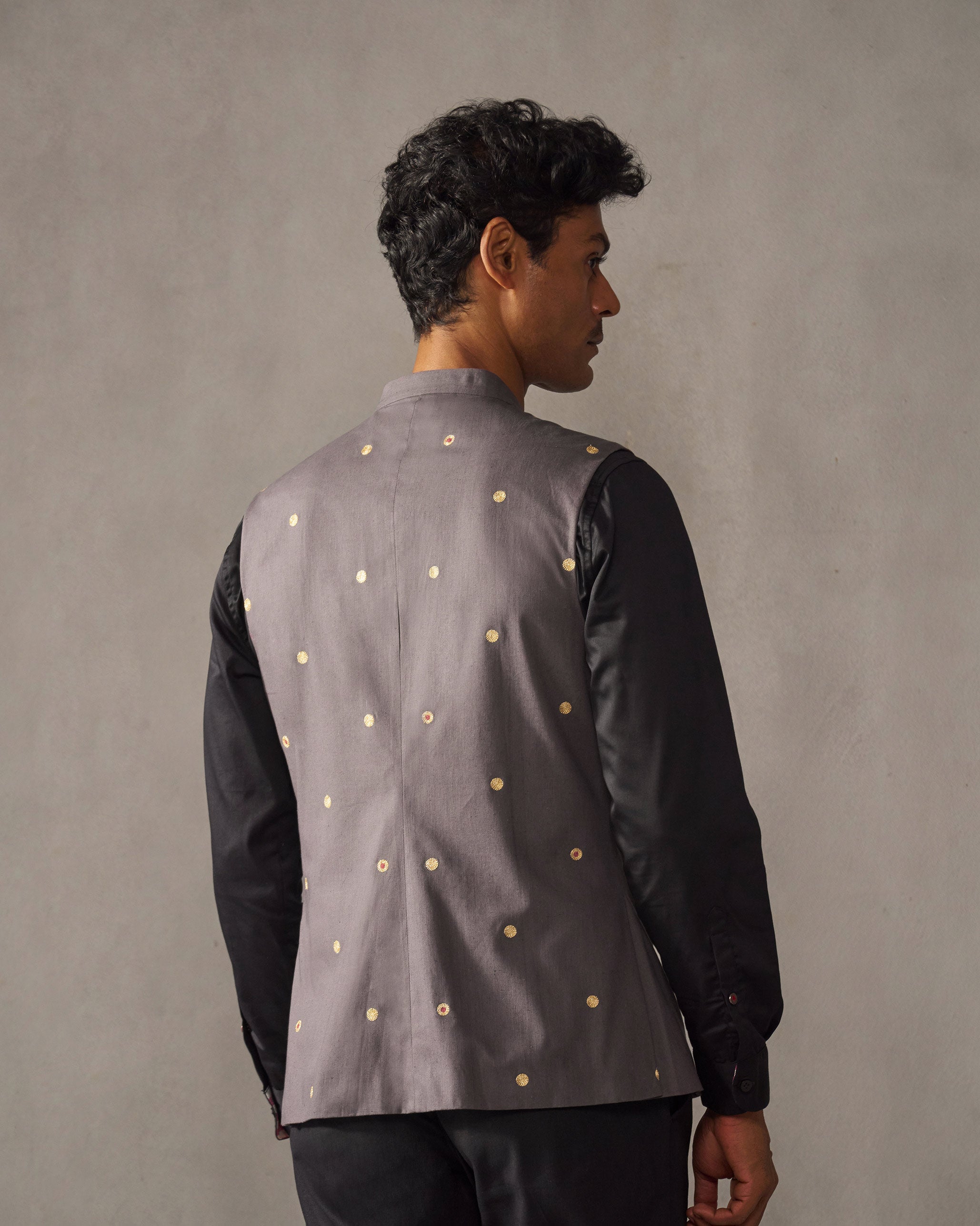 Nehru Jacket - Charcoal & Gold Embroidered