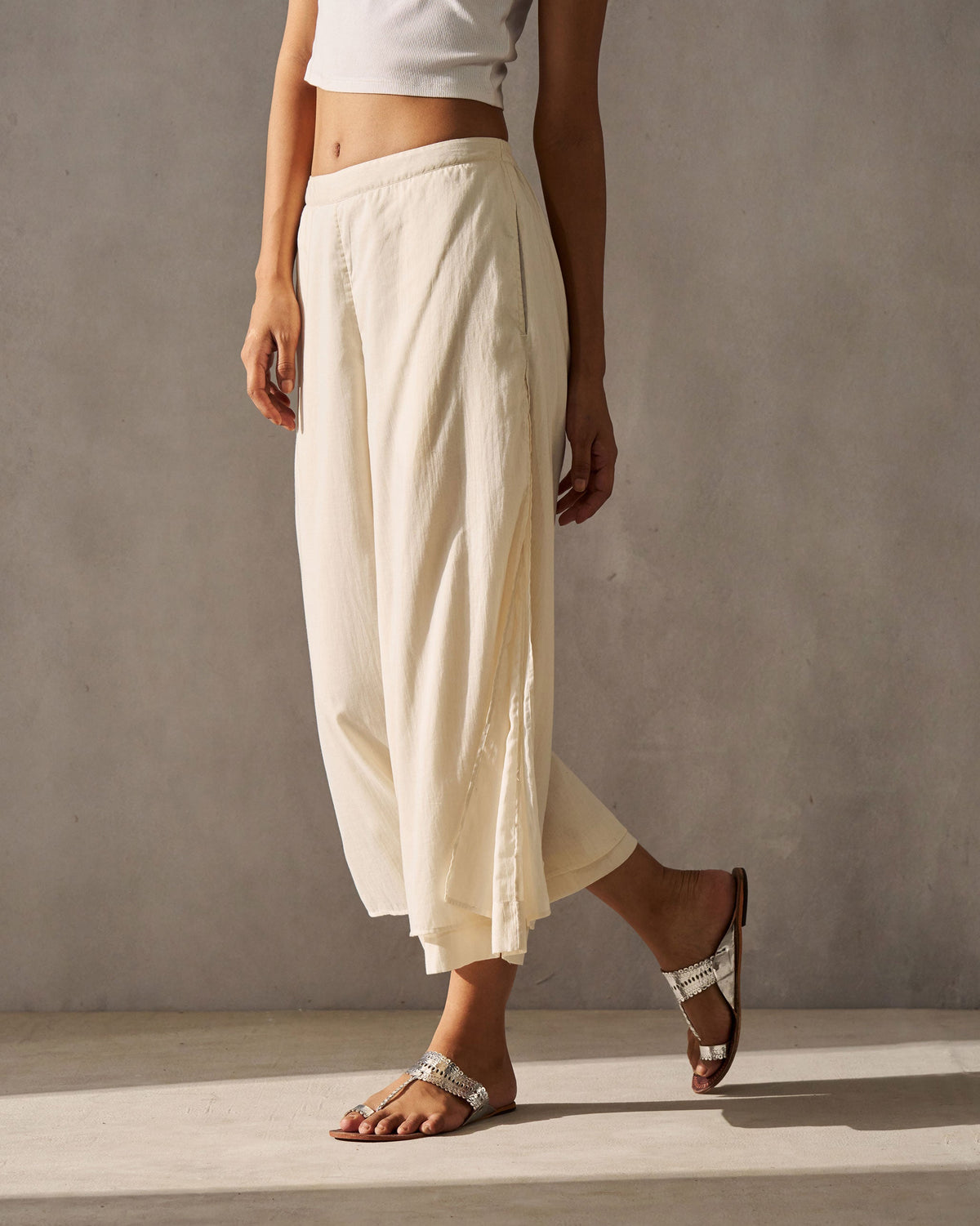 Side view of Marshmallow Pants worn by a person.