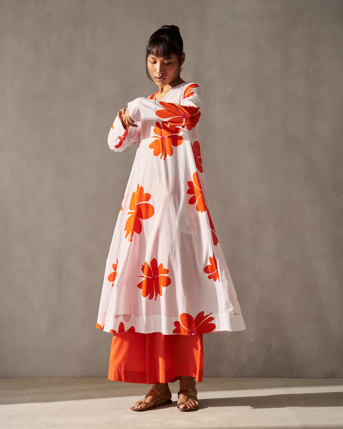 Side view of the Flared V-neck Kurta showing its flared A-line silhouette.