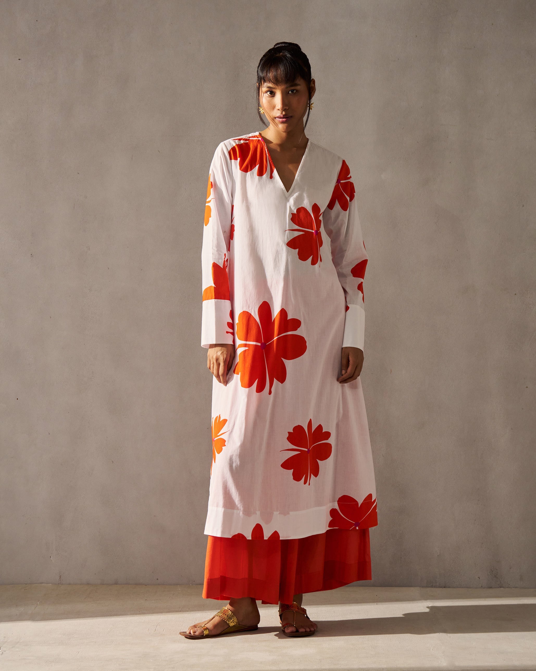 Flared V-neck Kurta - White & Orange