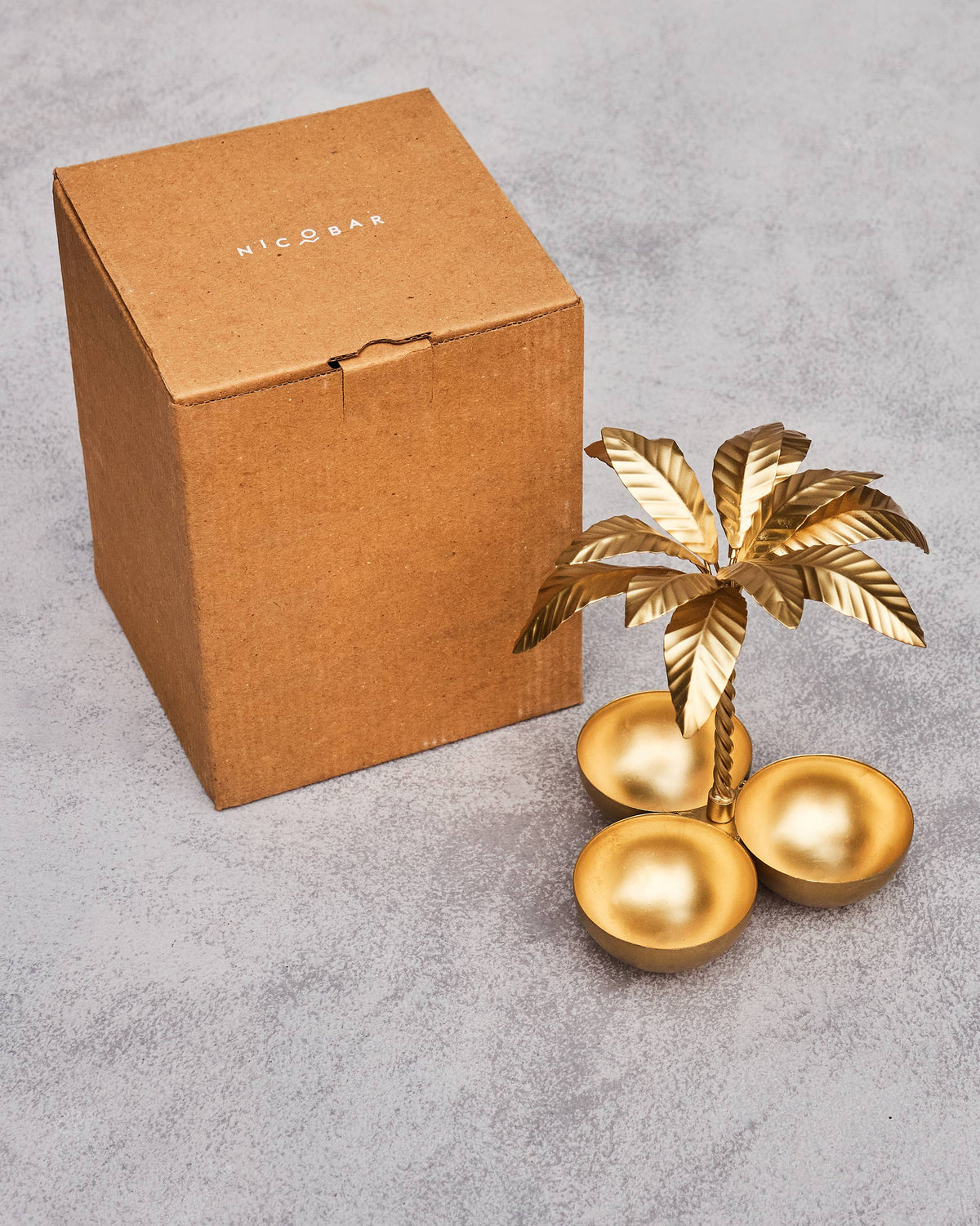 Palm Trinket Tray beside its kraft box with a Nicobar logo.