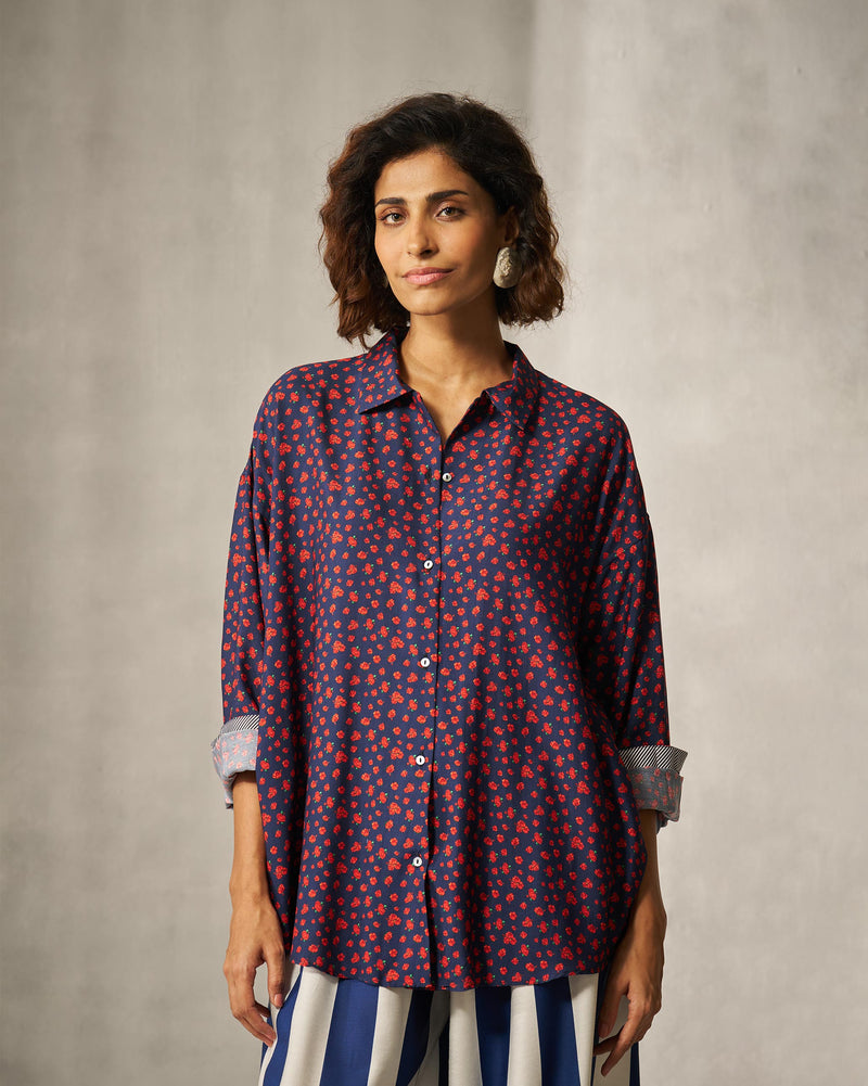 Oversized Shirt - Navy & Red Print