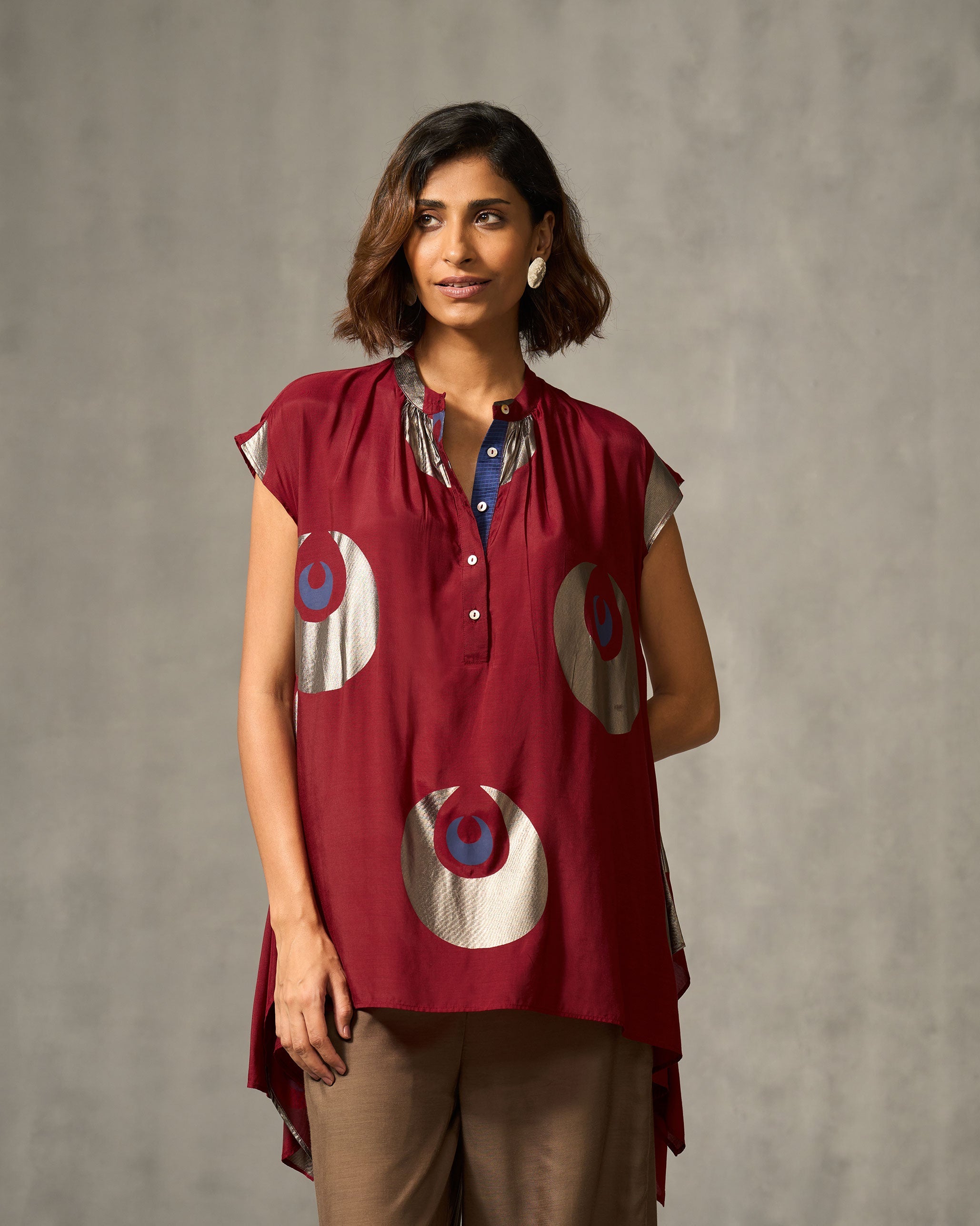 Shukran Asymmetrical Top - Red & Navy Print