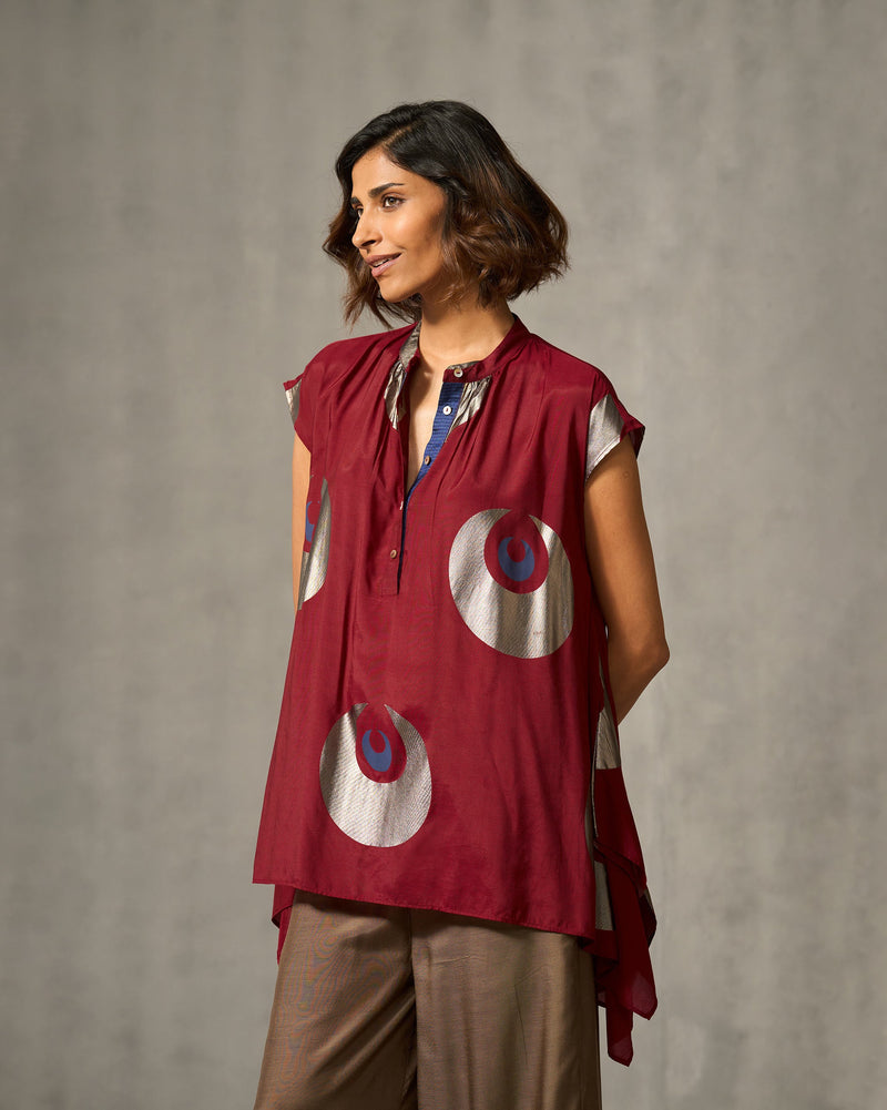 Shukran Asymmetrical Top - Red & Navy Print