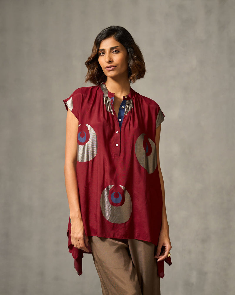 Shukran Asymmetrical Top - Red & Navy Print