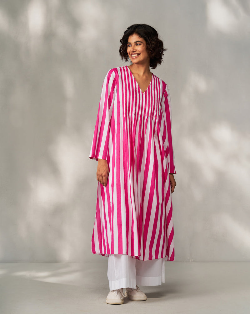 Pintuck Kurta - Fuchsia & White Stripes