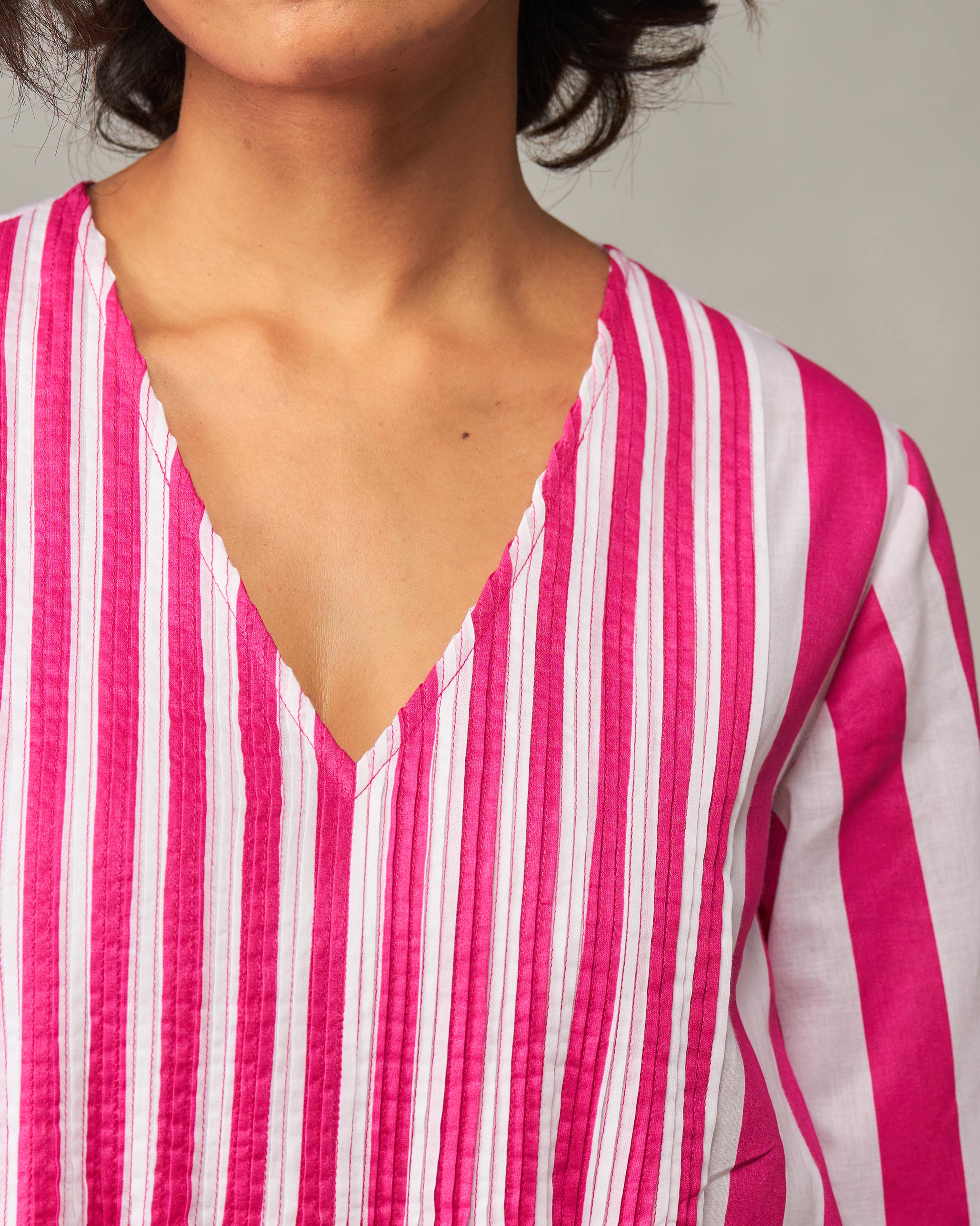 Pintuck Kurta - Fuchsia & White Stripes