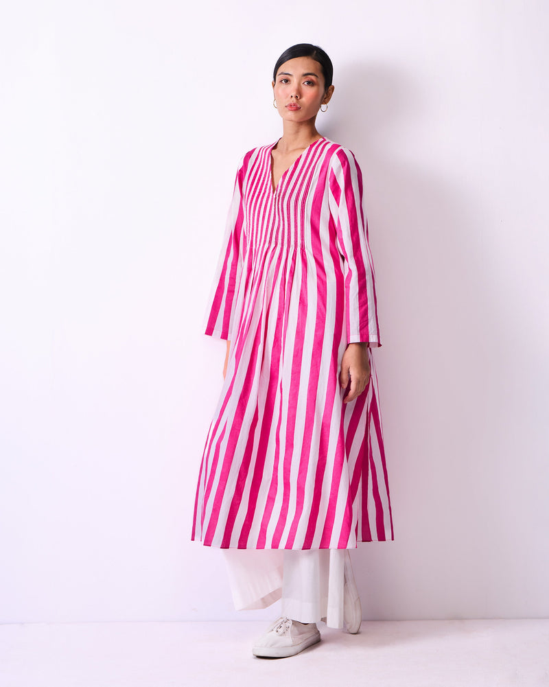 Pintuck Kurta - Fuchsia & White Stripes