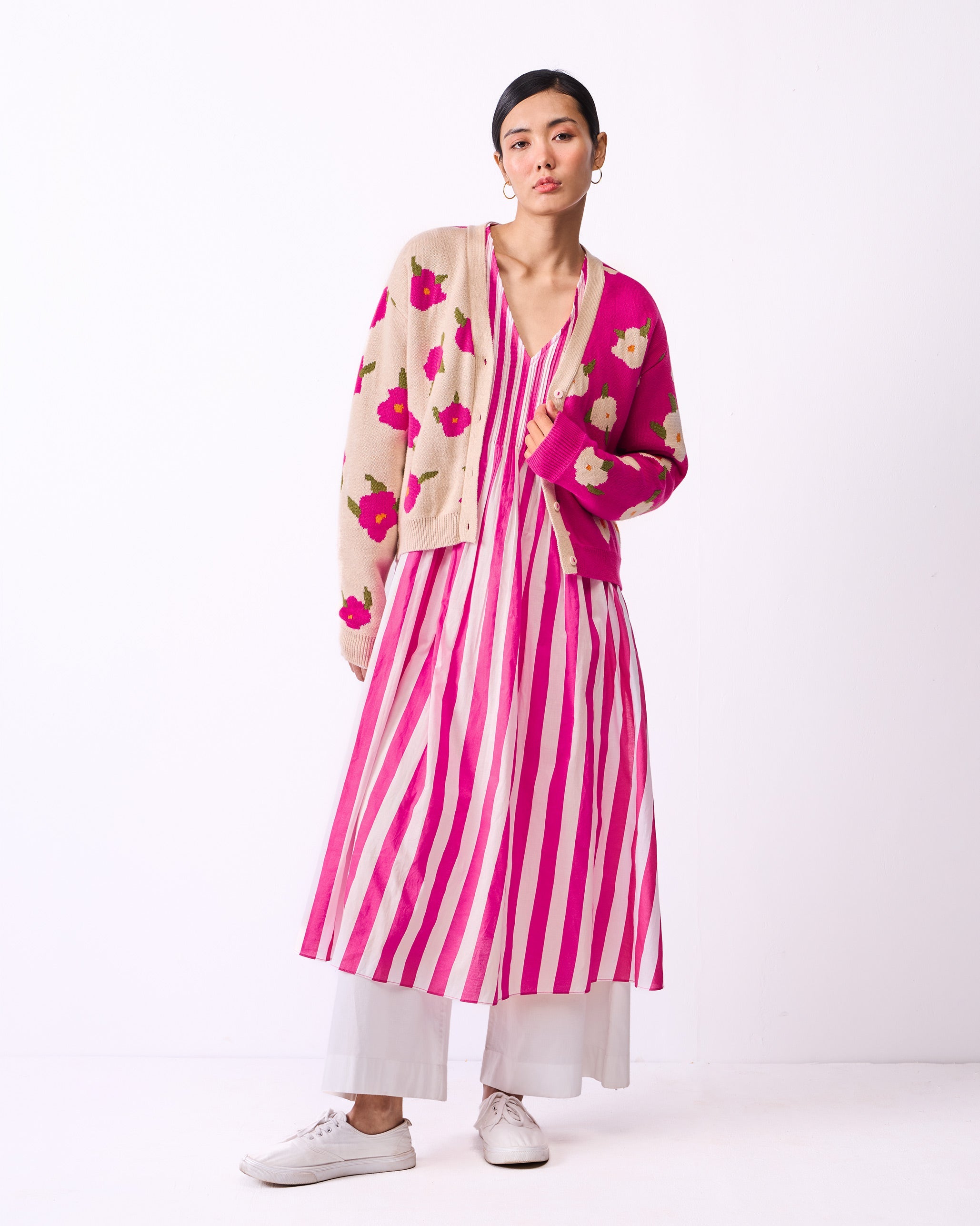 Pintuck Kurta - Fuchsia & White Stripes