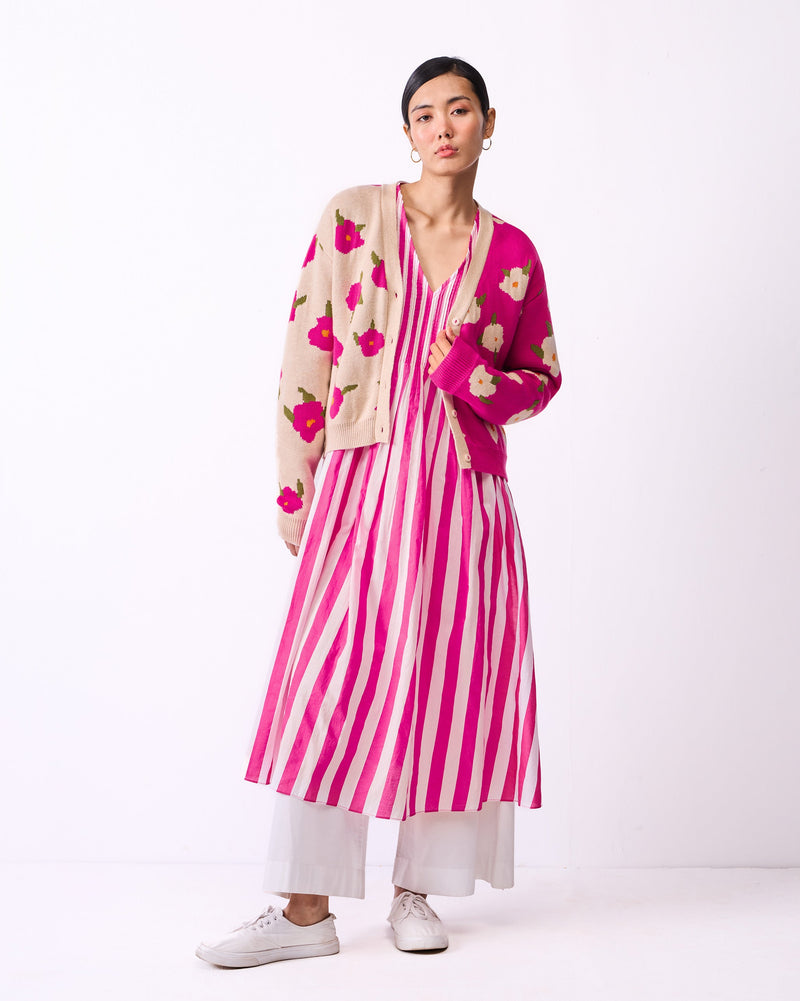 Pintuck Kurta - Fuchsia & White Stripes