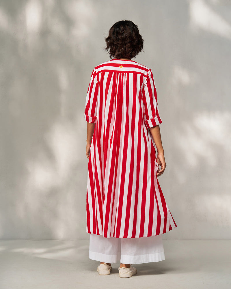 Pintuck Kurta - Red & White Stripes