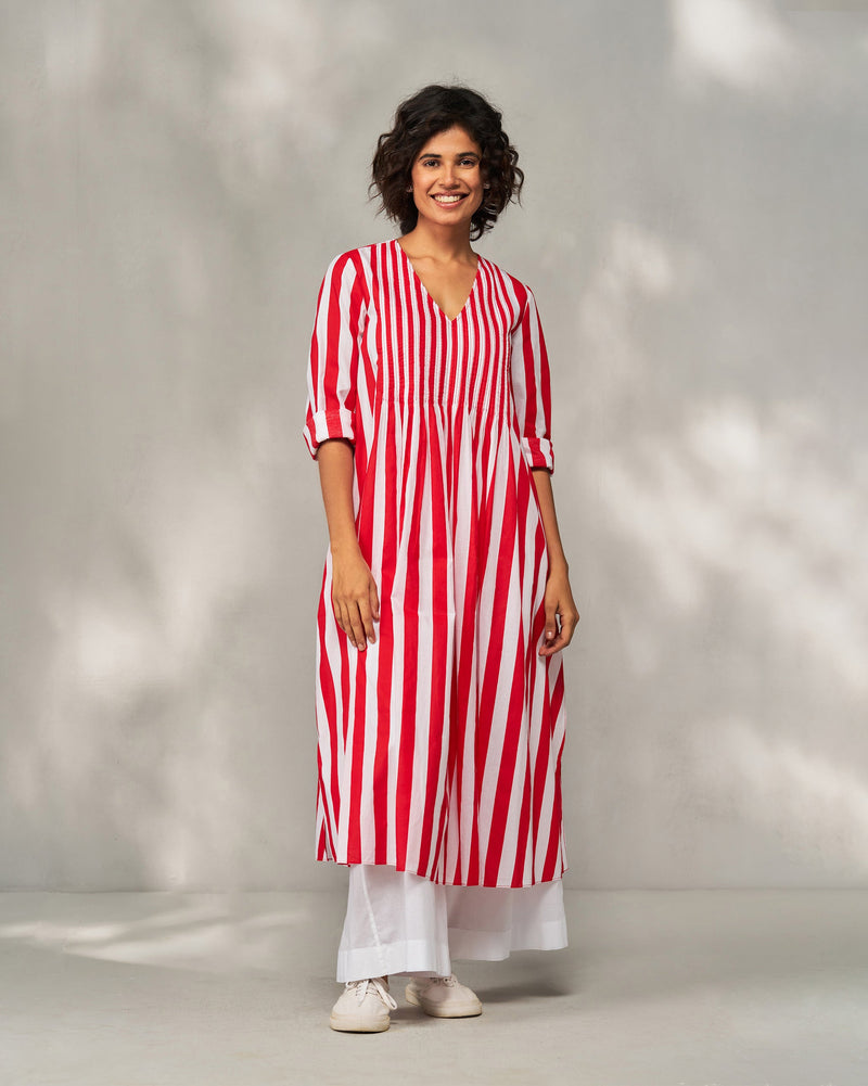 Pintuck Kurta - Red & White Stripes