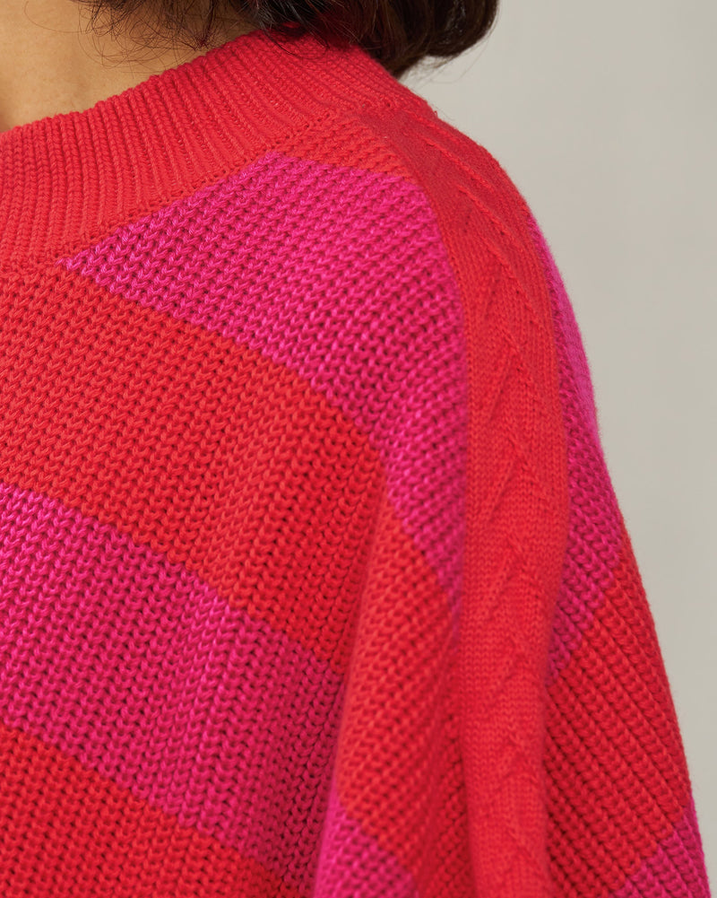 Dream High-low Hem Sweater - Fuchsia & Bright Red Stripes