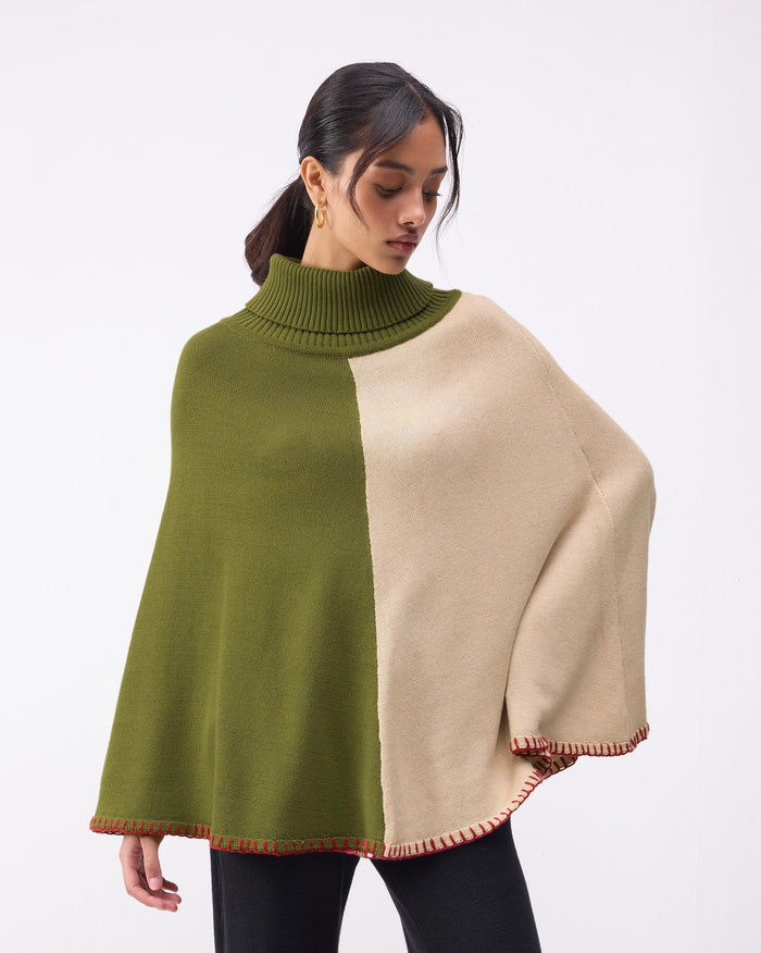 Alpine Poncho - Olive & Oatmeal
