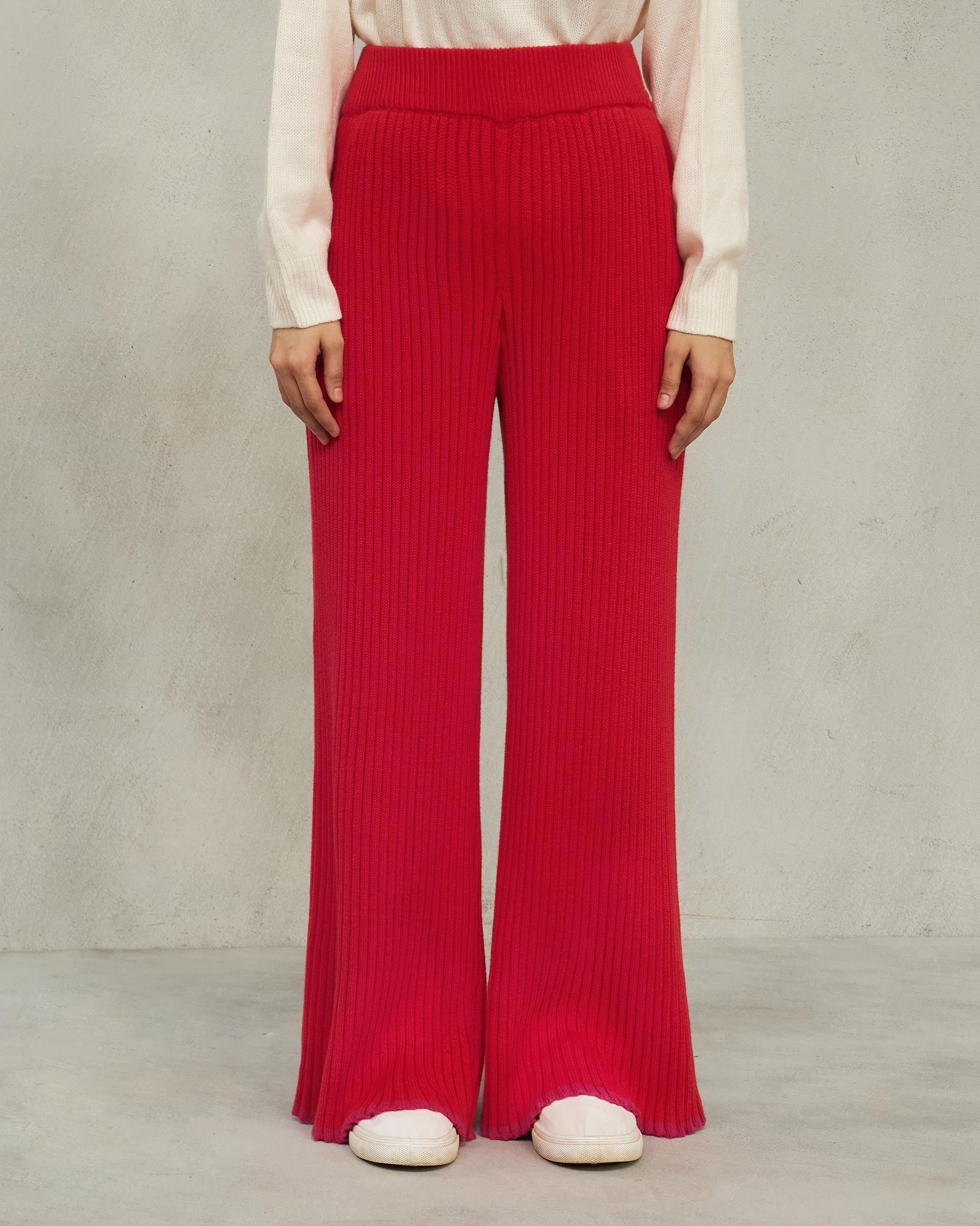 Ribbed Knit Trousers - Bright Red