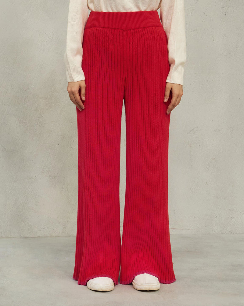 Ribbed Knit Trousers - Bright Red