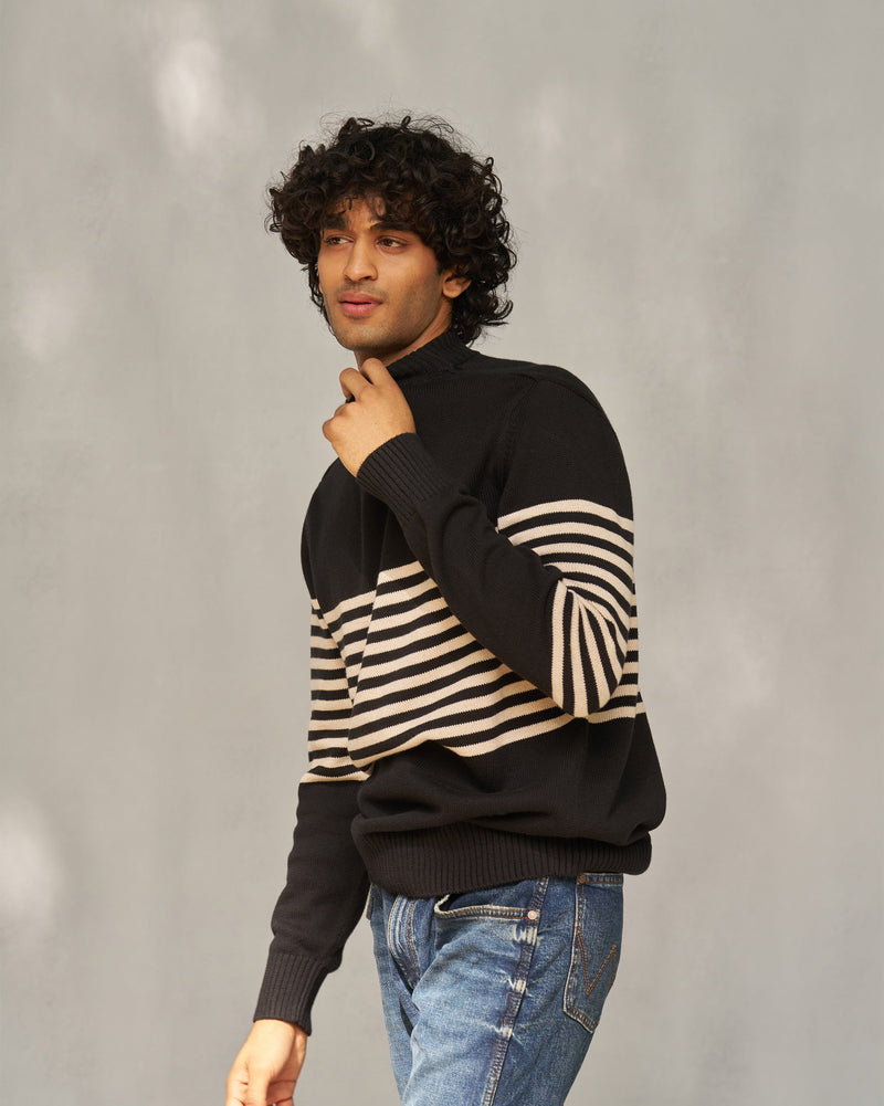 Stripefront Sweater - Black & Oatmeal Stripes