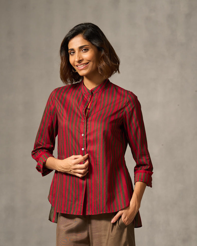 Mandarin Collar Top - Red & Oak Brown Print