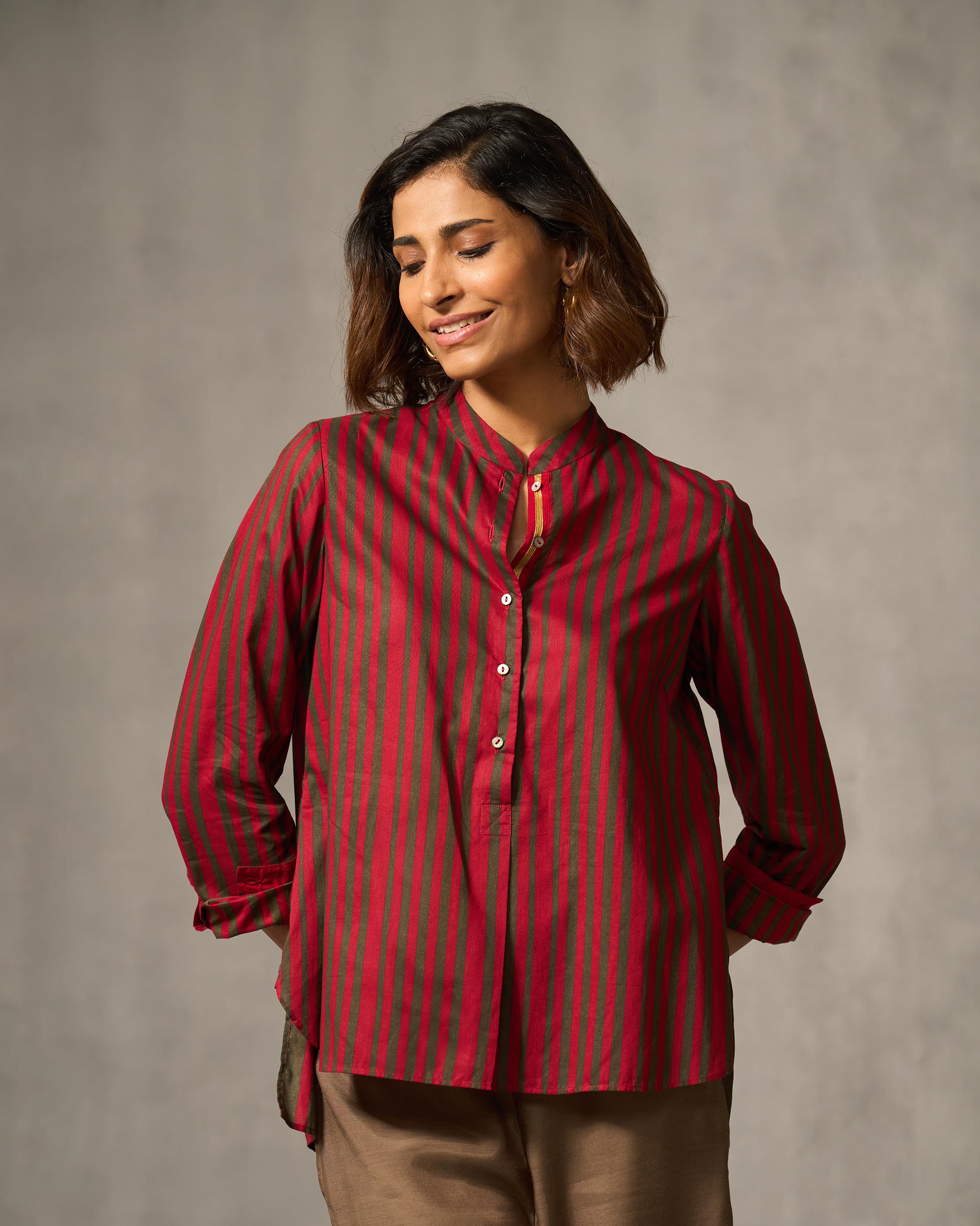 Mandarin Collar Top - Red & Oak Brown Print