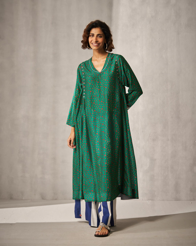 Sara Panelled Kurta - Green & Red Print