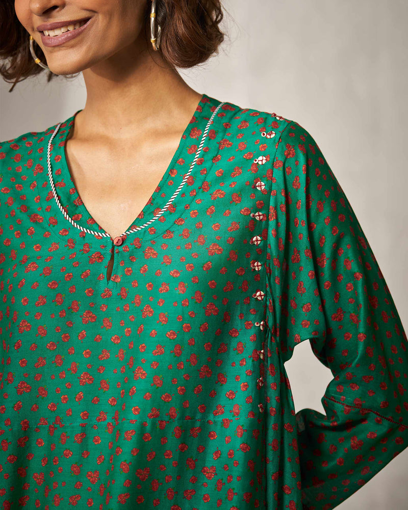 Sara Panelled Kurta - Green & Red Print