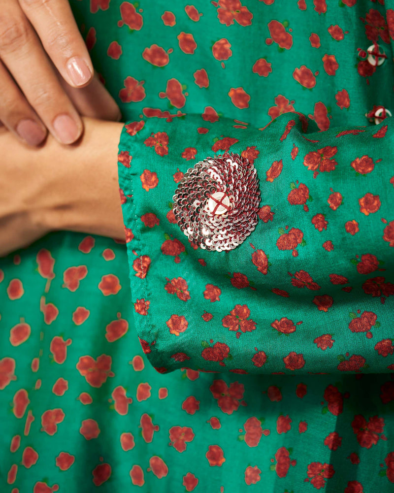 Sara Panelled Kurta - Green & Red Print