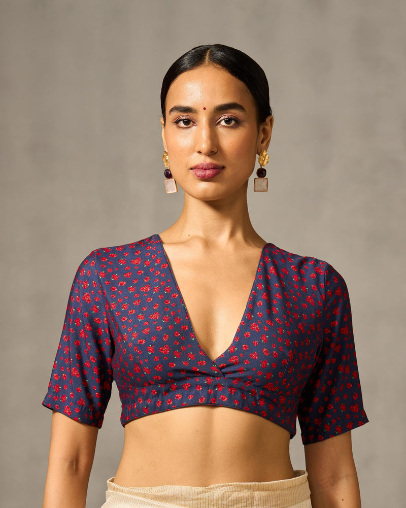 Sitara Blouse - Navy & Red Print