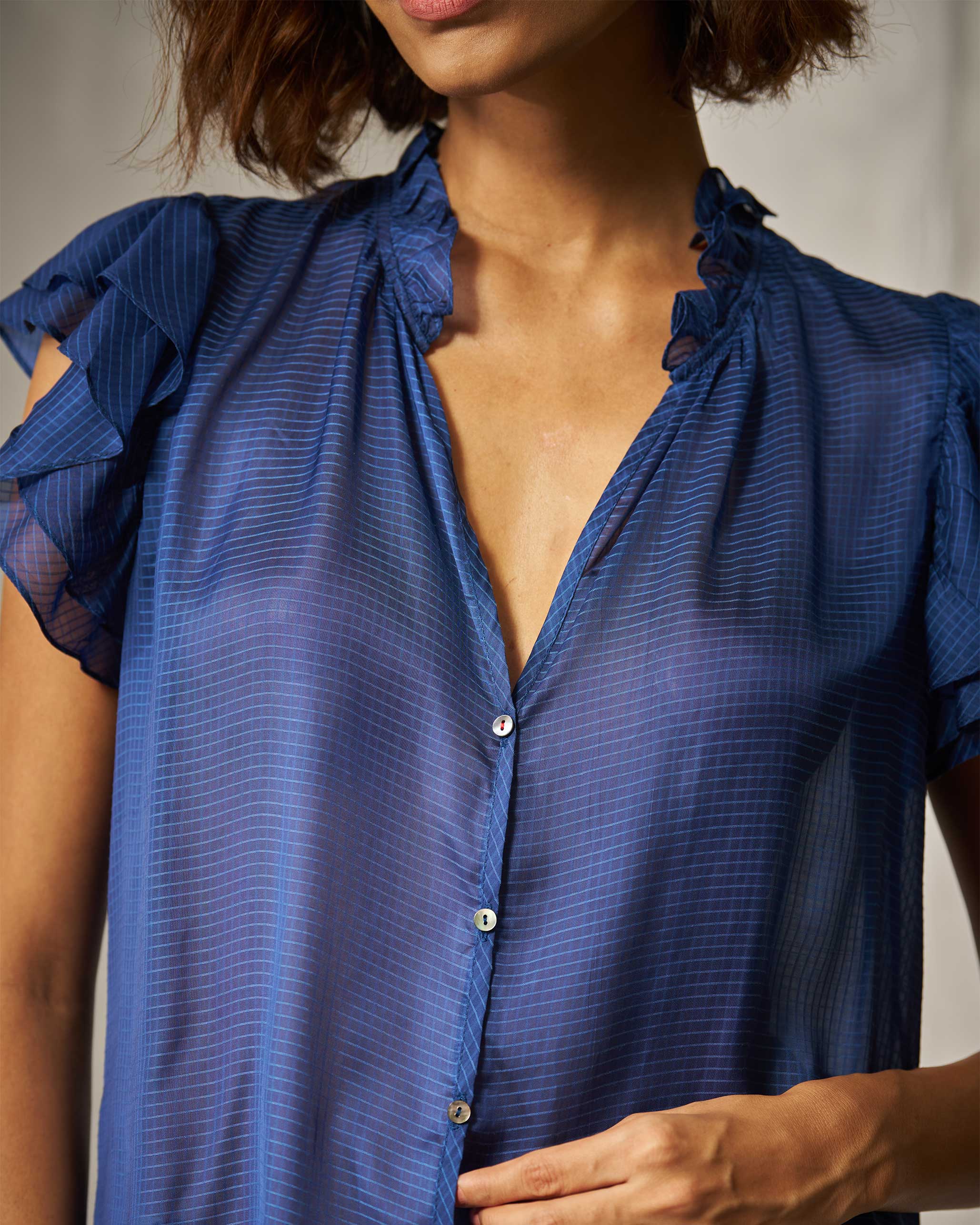 Ruffle Collar Shirt - Blue Checks