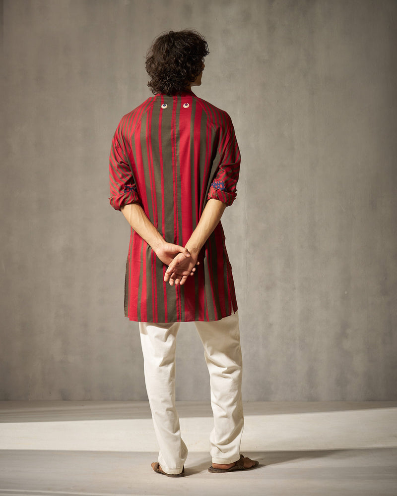 Jubilee Kurta - Red & Oak Brown Stripes