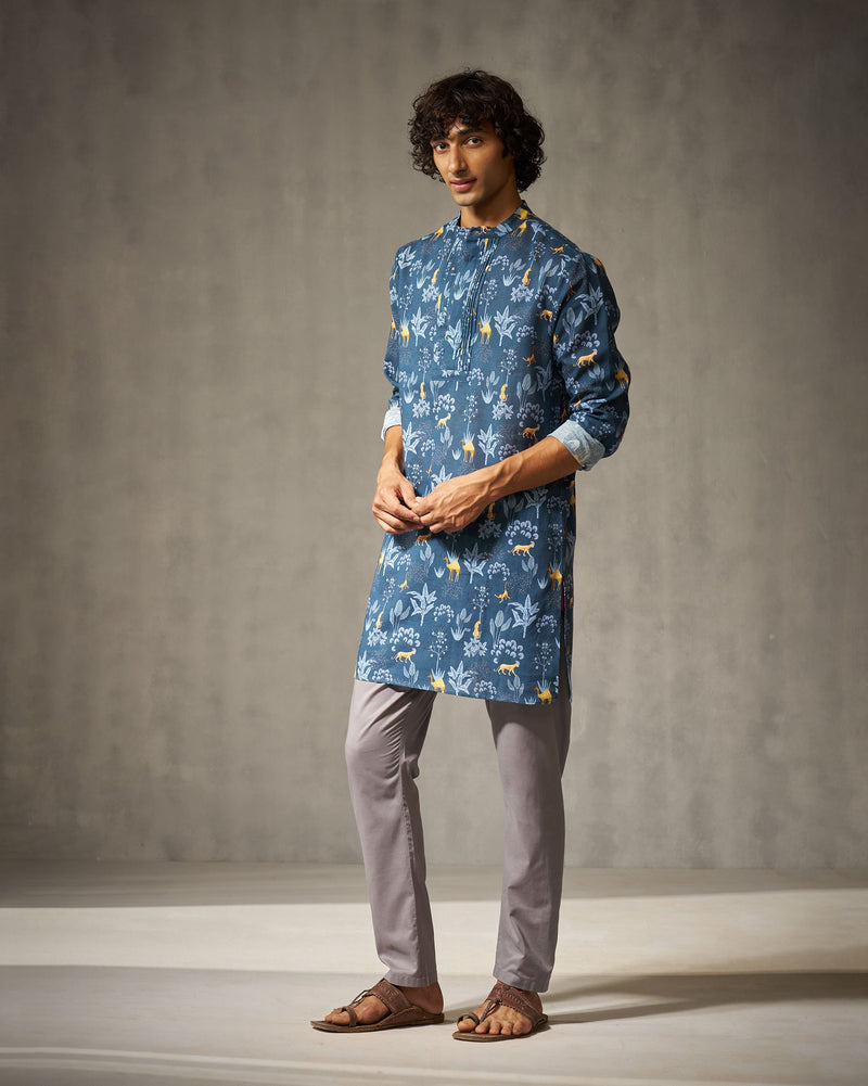 Front Pleat Kurta - Navy Print