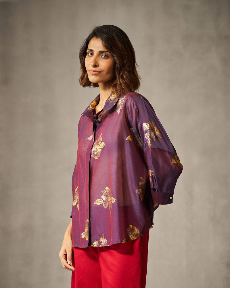 Boxy Shirt - Purple & Gold Print