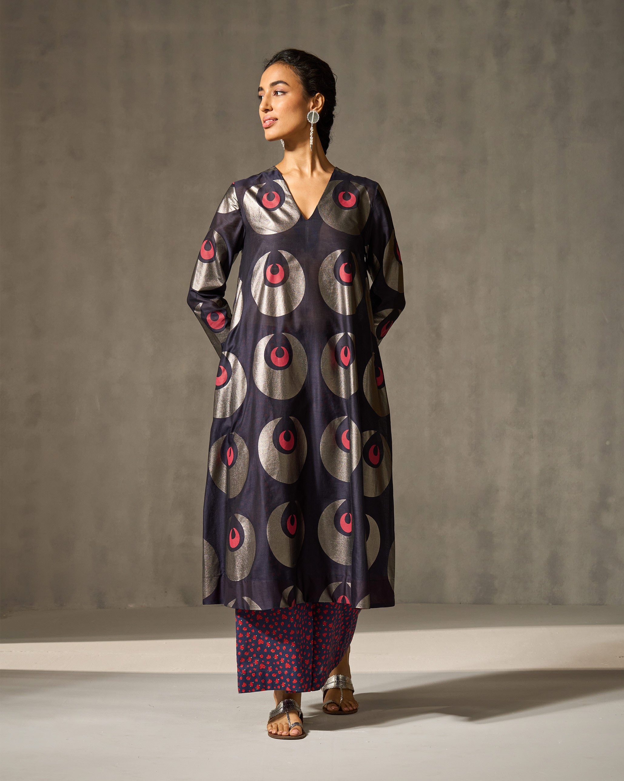 V-Neck Flared Kurta - Navy & Foil Print